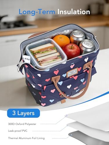 Lekesky Insulated Lunch Bag Portable Lunch Bag for Work-11L, Hearts Print