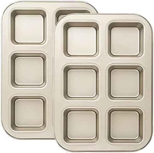 Beasea Mini Brownie Pan, 2 Pack 6 Cavity Gold Square Inidividual Brownie Muffin Cake Cutter Pan Mini Cheesecake Cupcake Bakeware Carbon Steel Brownie Baking Tray Bakeware for Oven Baking