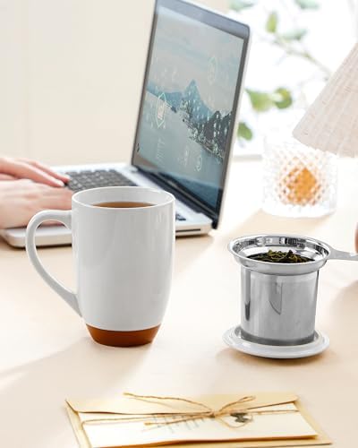 MALACASA Ceramic 18 oz Tea Mug with Lid and Infuser, Khaki White