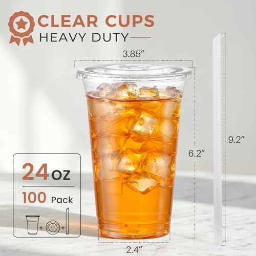 VITEVER [100 Sets - 24oz] Plastic Cups with Lids and Straws, Disposable Cups for Iced Coffee, Smoothie, Milkshake, Cold Drinks - Clear
