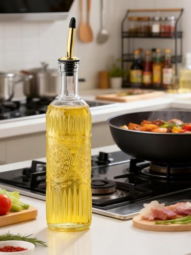 1 Pcs Olive Oil Dispenser Bottle for Kitchen,17oz Clear Glass Cooking Oil and Vinegar Dispenser Set, Coffee Syrup Dispenser with 1 Pourers and 1 Funnel (One circle)