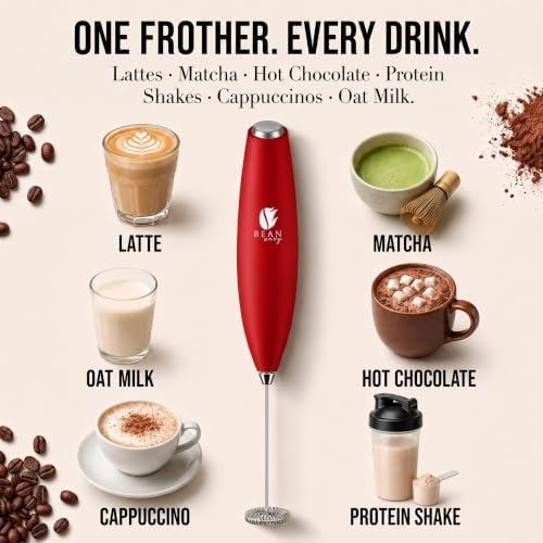 Bean Envy Milk Frother Handheld - Coffee Mixer Wand with Stand - Red
