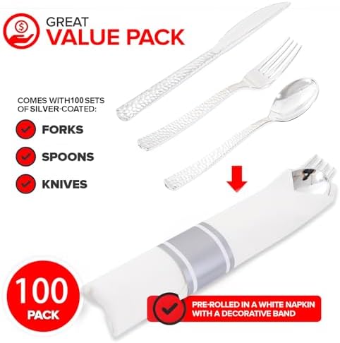 400PCS Silver Wrapped Silverware Set Disposable Hammered for Wedding