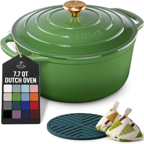 Zulay Kitchen 7.7 Quart Enameled Cast Iron Dutch Oven Pot with Lid – Premium Durability & Oven Safe up to 500°F – Heavy Duty Cookware Perfect for Bread Baking, Stews, Braising & Roasting – Green