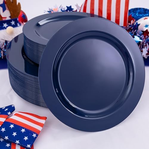 FLOWERCAT 100PCS Blue Plastic Plates - Heavy Duty Blue Disposable Plates for Memorial/Birthday Party/Graducation - Include 50PCS 10.25inch Dinner and 50PCS 7.5inch Dessert/Salad Plates for 50 Guests