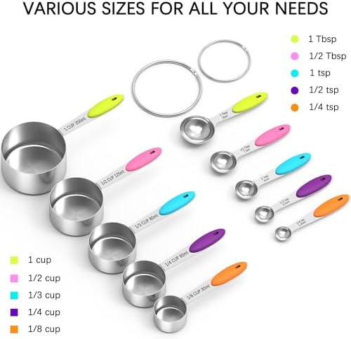 TILUCK Nesting Measuring Cups and Spoons Set, Stainless Steel with Soft Silicone Handle – Heavy Duty & Dishwasher Safe for Measuring Dry/Liquid Ingredients, Ideal for Cooking & Baking (10)