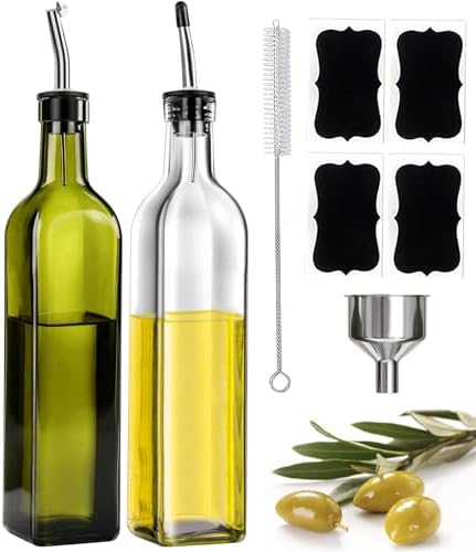 Leaflai Glass Olive Oil Dispenser Bottle Set of 2, 17oz/500ml Kitchen Oil and Vinegar Cruet with Airtight Stainless Steel Pourer Spout, Funnel & Brush, Cooking Essentials for Salad Dressing (Clear)