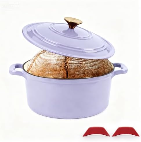 Enameled Cast Iron Dutch Oven with Lid&Silicone Grip, Round Casserole Pot for Bread Baking, Braising, Roasting,Stews,Heavy-Duty Baking Pan,Oven Safe, Induction Compatible (4.7QT,Purple)