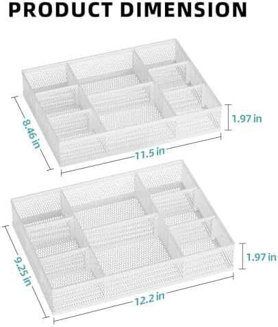 Marbrasse 2 Pack Desk Drawer Organizer, Mesh Drawer Organizer Tray with 8 Adjustable Compartments, Desk Organizers and Accessories, 5 Dividers for Office Supplies, Makeup & Vanity (White)