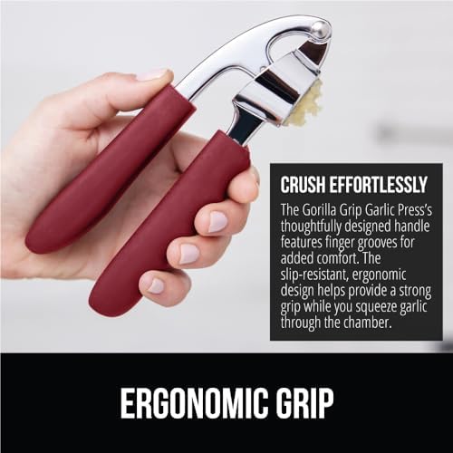 GORILLA GRIP Garlic Peeler and Press Set, Heavy Duty Mincer, Red