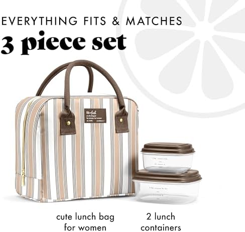 Fit & Fresh Bloomington Lunch Bag for Women - Insulated Large Lunch Box for Work with Containers, Leak-Resistant, Stain-Resistant, Zipper Closure, Ticking Stripe Taupe