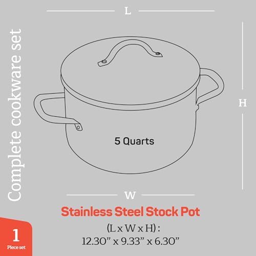 Stainless Steel Stockpot with Tempered Glass Lid 5 Quart, Durable 18/0 Stainless Steel, Impact-Bonded Base for Even Heating, Riveted Handles, Oven & All Stove Compatible, Safe Up To 500°F (260°C)