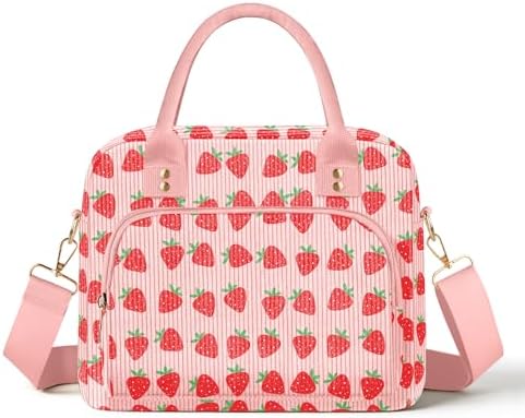 Lunch Bag Large Insulated Lunch Box for Women Adult Cute Pink Strawberry Lunchbox Corduroy Lunch Bags Boxes Pail with Shoulder Strap for Work (Big Red Strawberry)