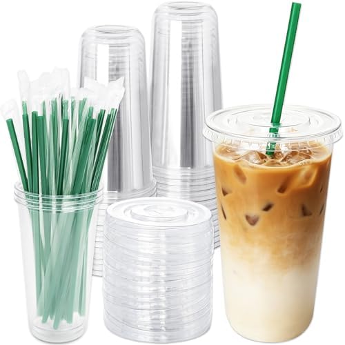Qinsihwn 25 Sets 20 oz Plastic Cups with Lids and Green Straws,Disposable Iced Coffee Cups,Clear To Go Cups for Cold Drinks,Smoothies,Juice,Party,Picnic
