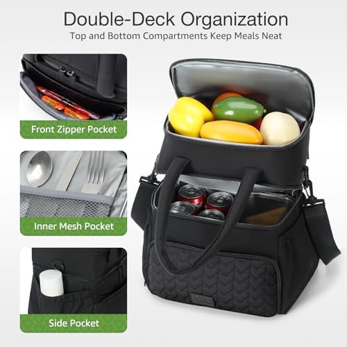 Double Deck Lunch Bag for Women, Black-XL