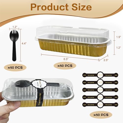 Mini Cake Pans With Lids And Spoons 50 Pack,6.8 oz Rectangle Mini individual Loaf Pans Disposable Aluminum Foil Small Baking Cups Tins (50, gold)