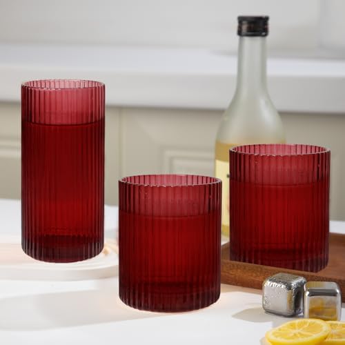 Ribbed Drinking Glasses 8pcs, 12oz and 10oz Glassware, Tumbler Glasses Cup Set for Wedding, Party, Christmas Gift, Red