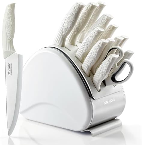 Raxco 15-Piece White Knife Set with Block and Built-in Sharpener