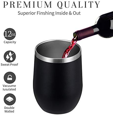 MEWAY Stemless 12oz Wine Tumbler Glasses with Lid -Insulated Double Wall Vacuum Stainless Steel Travel Tumbler with Straw,for Woman Under 10 dollars(Black,1)