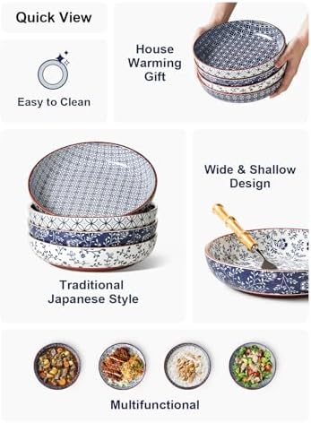 LE TAUCI Pasta Bowl 32 oz, Ceramic Salad Bowl, Japanese-Style Plate Bowls for Serving Pasta, Fruits, Salad, Noodle, Dinner, Soup, Microwave Oven Dishwasher Safe - 8.2 Inch, Set of 4, Vintage Blue