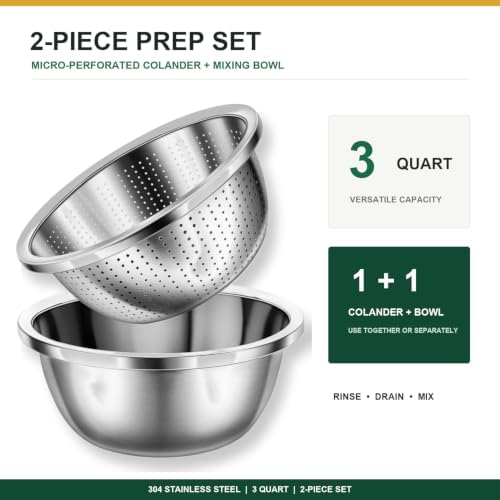 304 Stainless Steel Microporous Colander Set - 3QT Large Capacity Kitchen Strainer, Dishwasher Safe for Vegetable/Fruit/Rice Washing & Cooked Pasta Draining （2PC)
