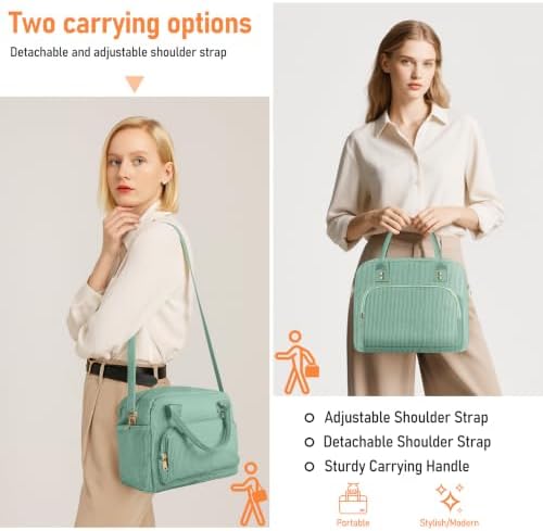 Lunch Bag Large Insulated Lunch Box for Women Adult Cute Pink Strawberry Lunchbox Corduroy Lunch Bags Boxes Pail with Shoulder Strap for Work (Light green)