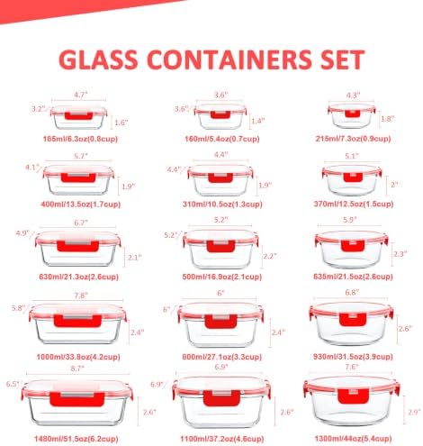 KOMUEE 30 Pieces Glass Food Storage Containers Set, Red