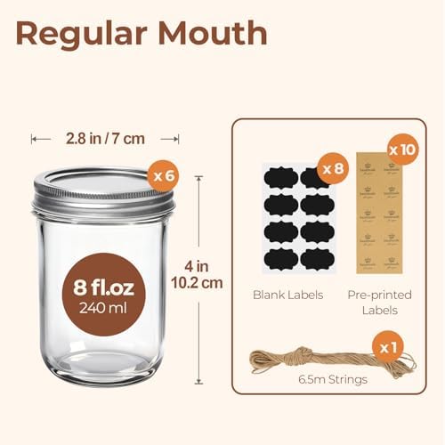 ComSaf 8 oz Mason Jars, 6 Pack Small Regular Mouth Glass Jars with Lids