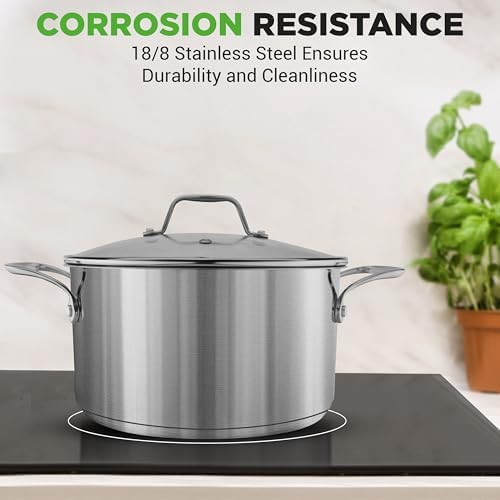 NutriChef 6 Quart Stainless Steel Stock Pot with Lid | Induction Cookware for Home & Commercial Use | Heavy Duty Cooking Pot for Boiling or Simmering Soup, Pasta, Seafood, and Sauces