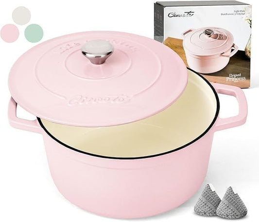 Ciwete Enameled Cast Iron Dutch Oven Pot, 6 Quart, Light Pink