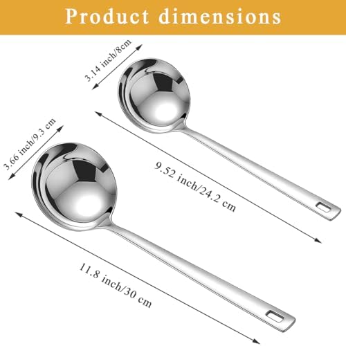 Kyraton 2 Piece Soup Ladle Set, 11.8" Large & 9.6" Small Stainless Steel Ladles, One-Piece Ergonomic Cooking Spoons, Dishwasher Safe Heavy Duty Serving Utensils for Home Kitchen Soup Sauce Noodle