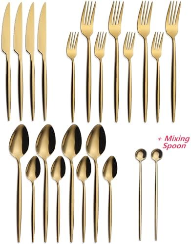 20 Piece Luxury Silverware Set for 4 Gold Mirror-Polished 18/10 Stainless Steel Heavy Flatware Set Modern Cutlery Set Knife/Fork/Spoon with Gifts for Home & Restaurant