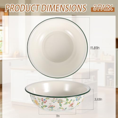 3 Pack Vintage Enamel Mixing Bowl, 11.8 Inch Large Farmhouse Retro Enamelware Basin 3.6 Quart Enamel Bowl Serving Tray for Fruit Salad Pasta Dough Making Camping Kitchen Farmhouse Decor