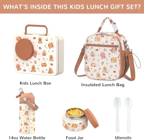 Kids Bento Lunch Box with Food Jar, Water Bottle, Lunch Bag, Brown