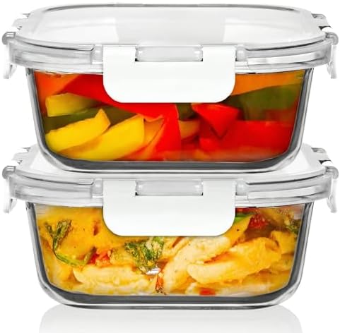 Razab 2 PC 1200ML / 41 Oz Glass Food Storage Containers with Lids - Airtight & Leakproof - Microwave/Oven/Freezer Safe - BPA Free - Ideal for Meal Prep, Storing Leftover & Lunch