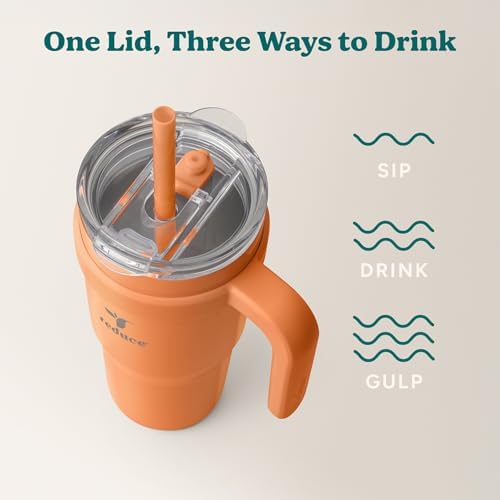 REDUCE 24 oz Tumbler with Handle - Vacuum Insulated Stainless Steel Travel Mug with Sip-It-Your-Way Lid and Straw - Keeps Drinks Cold up to 24 Hours - Sweat Proof, Dishwasher Safe - OG Papaya