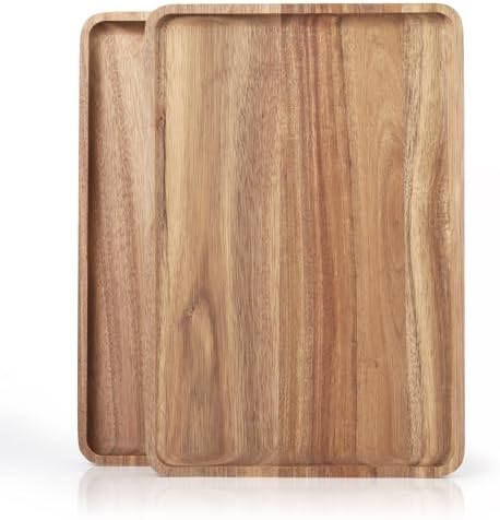 2 PCS Solid Acacia Wood Serving Trays 13 * 9 inch Rectangular Wooden Serving Platters Natural Wooden Boards for Bar Coffee Party（Wood Log Color）