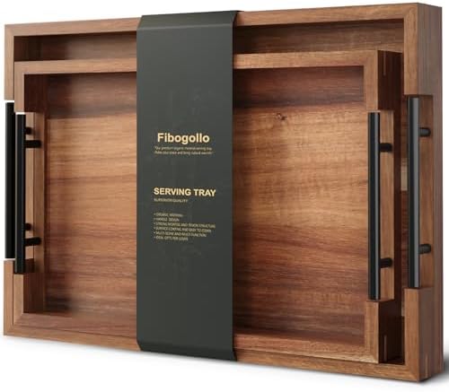 Fibogollo Acacia Wood Set of 2 Serving Tray with Metal Handles,Ottoman Decorative Trays Platter for Coffee Table,Living Room,Bar,Party