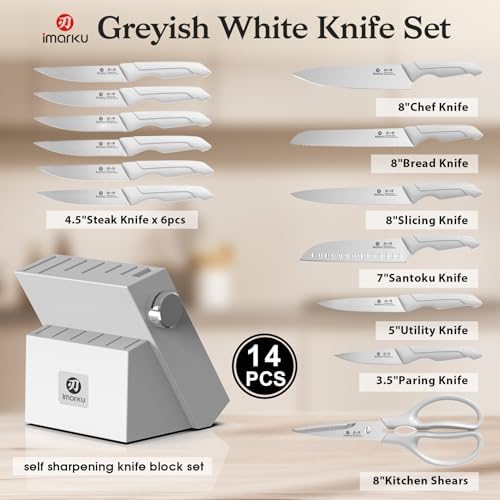 imarku 14 Pcs Japanese Stainless Steel Knives Set for Kitchen Grayish White