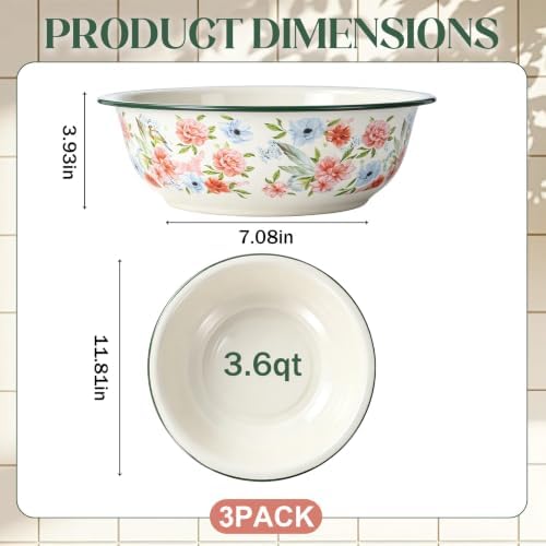 3 Pack Vintage Enamel Mixing Bowl, 11.8 Inch Large Farmhouse Retro Enamelware Basin 3.6 Quart Enamel Bowl Serving Tray for Fruit Salad Pasta Dough Making Camping Kitchen Farmhouse Decor