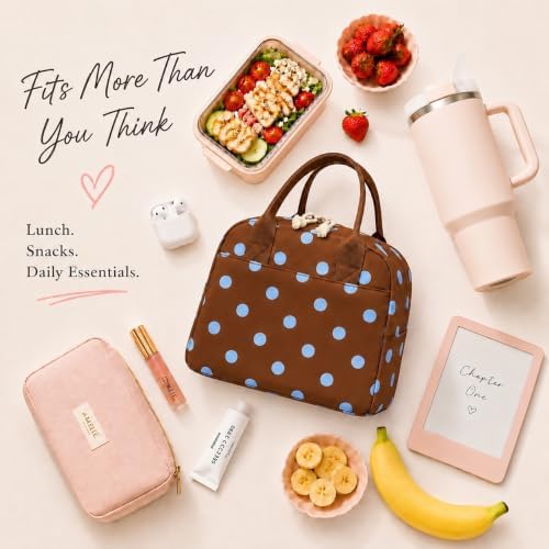 LOVELYWIND Lunch Box for Women,Insulated Lunch Bag Brown & Blue Polka Dots