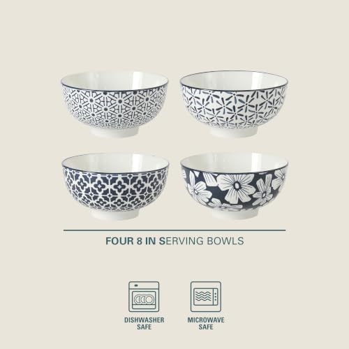 Gibson Home Castle Way 4-Piece Large Serving Bowl Set, 8 Inch Round Stoneware Bowls, Blue & White Assorted Pattern, Decorative Everyday Use
