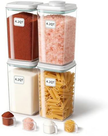 Airtight Food Storage Containers Set with One-Touch Lid, 4-Pack (4.22 QT / 4.0 L) Best Value Stackable Durable PET for Complete Kitchen Pantry Organization