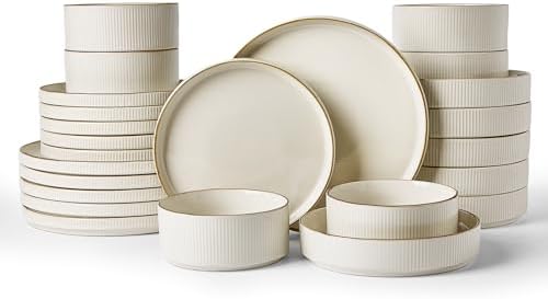 Famiware Star Stoneware Dinnerware Sets with Pasta Bowls, 24pc Dishes for 6