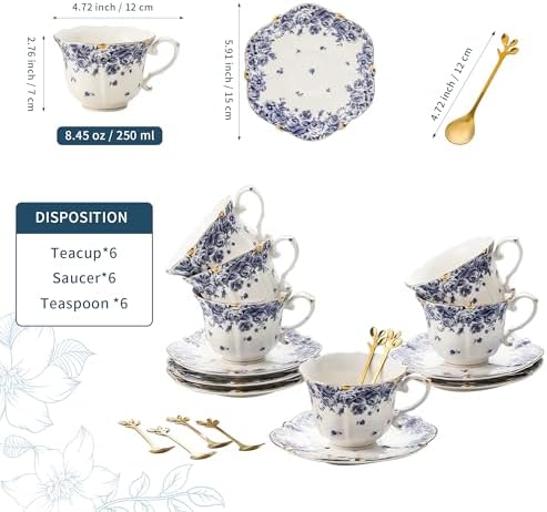 TATSUMI Country Roses Bone China Tea Cup and Saucer Set, 6 Pieces, Vintage Style, For Women and Tea Parties（sky blue，6 sets）