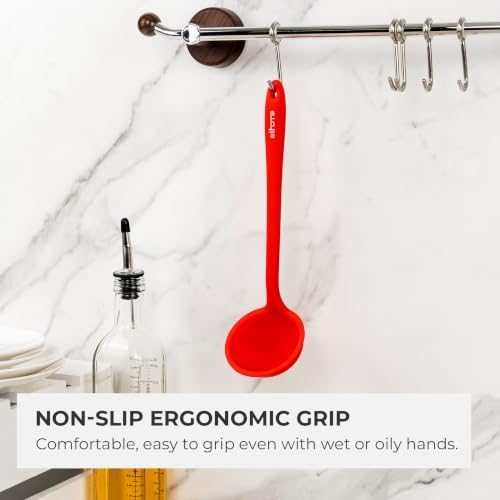 Elihome Classic 10.5 inch Silicone Soup Ladle Cooking Spoon: 600ºF Heat Resistant 2 oz Non-stick Seamless Rubber Kitchen Deep Serving Spoon with Non Slip Long Handle for Cooking Sauce Stews Gravy Red