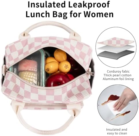 Lunch Bag Women Lunch Box for Women Adult Cute Insulated Lunch Bag Lager Cooler Lunch Tote Bags for Work Picnic (Beige-Pink Plaid)