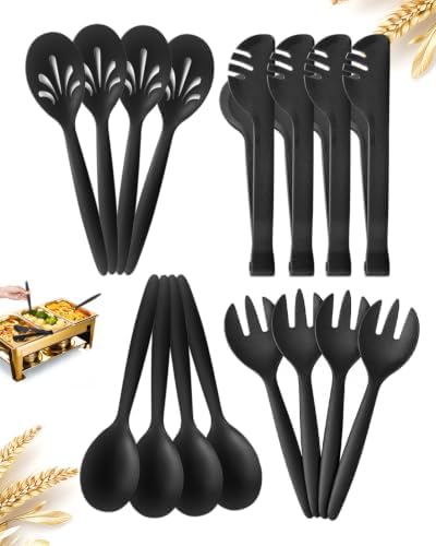 Reusable Plastic Serving Utensils Set of 16, 10" Wheat straw Large Serving set Serving Spoons/Slotted Spoons/Tongs/Sporks, for Party Buffet Catering (Black, Not for Cooking)