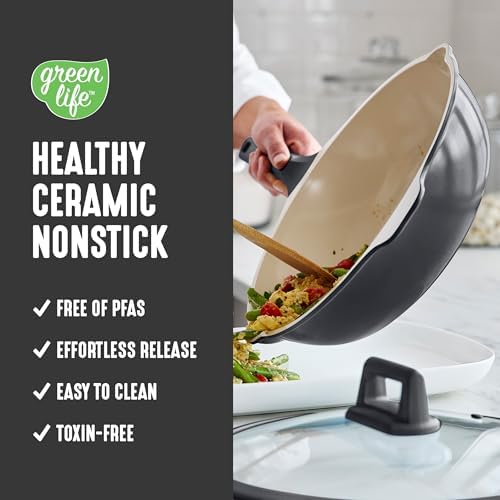 GreenLife Nonstick 12” (5QT) All in One Deep Skillet Wok with Lid, PFAS-Free Non-Toxic Ceramic Multi-Purpose Pan, Induction, All Stovetop, Egg, Stir Fry, Saute, Stay Cool Handle, Graphite