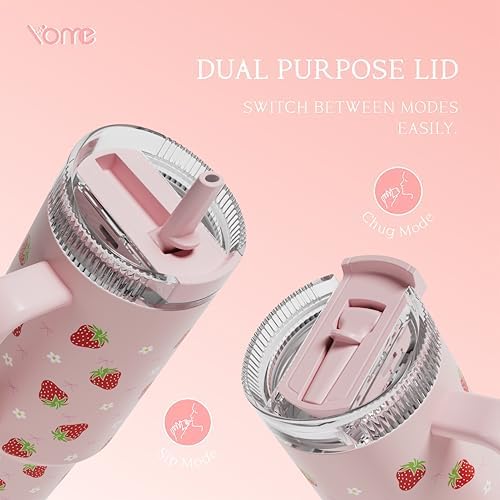 YOME DetaClean 40oz Strawberry Pink Tumbler with Handle and Flip Straw for Women | 100% Disassemblable Lid | Stainless Steel Insulated Water Bottle | 100% Leak Proof | Keeps Drinks Cold